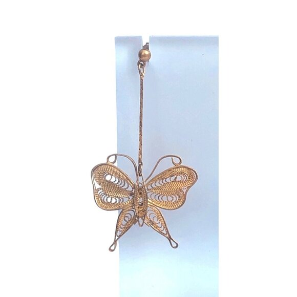 Vintage 1970s Gold Tone Cannetille Filigree Butterfly Drop Dangle Stud Earrings - Picture 2 of 5